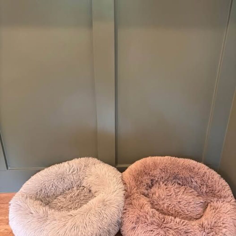 Two fluffy cozy small pet beds cats dogs brown & gray